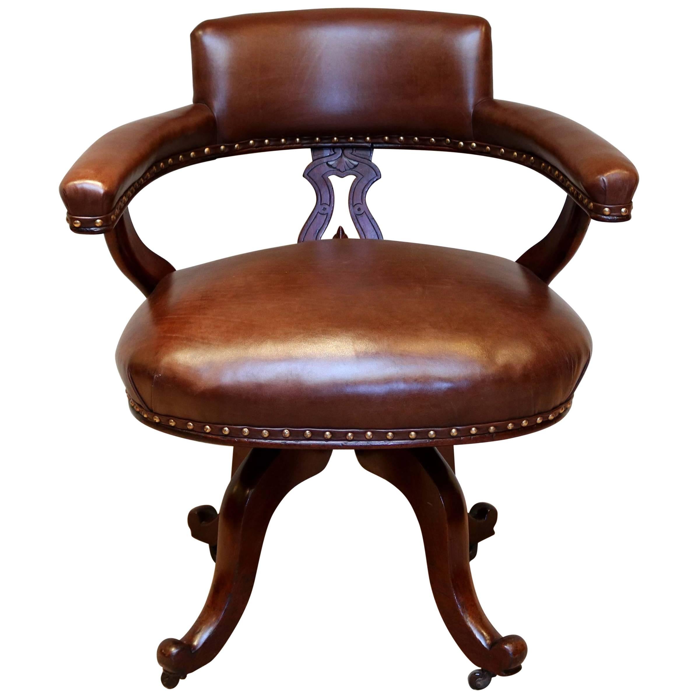Victorian Mahogany and Leather Desk Chair For Sale