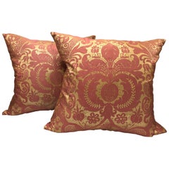 Fortuny Style Italian Pink Silk with Gold Damask Motif Pillows, Pair