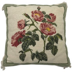 Vintage 1960s Needlepoint Pillow with Pink Rose Motif