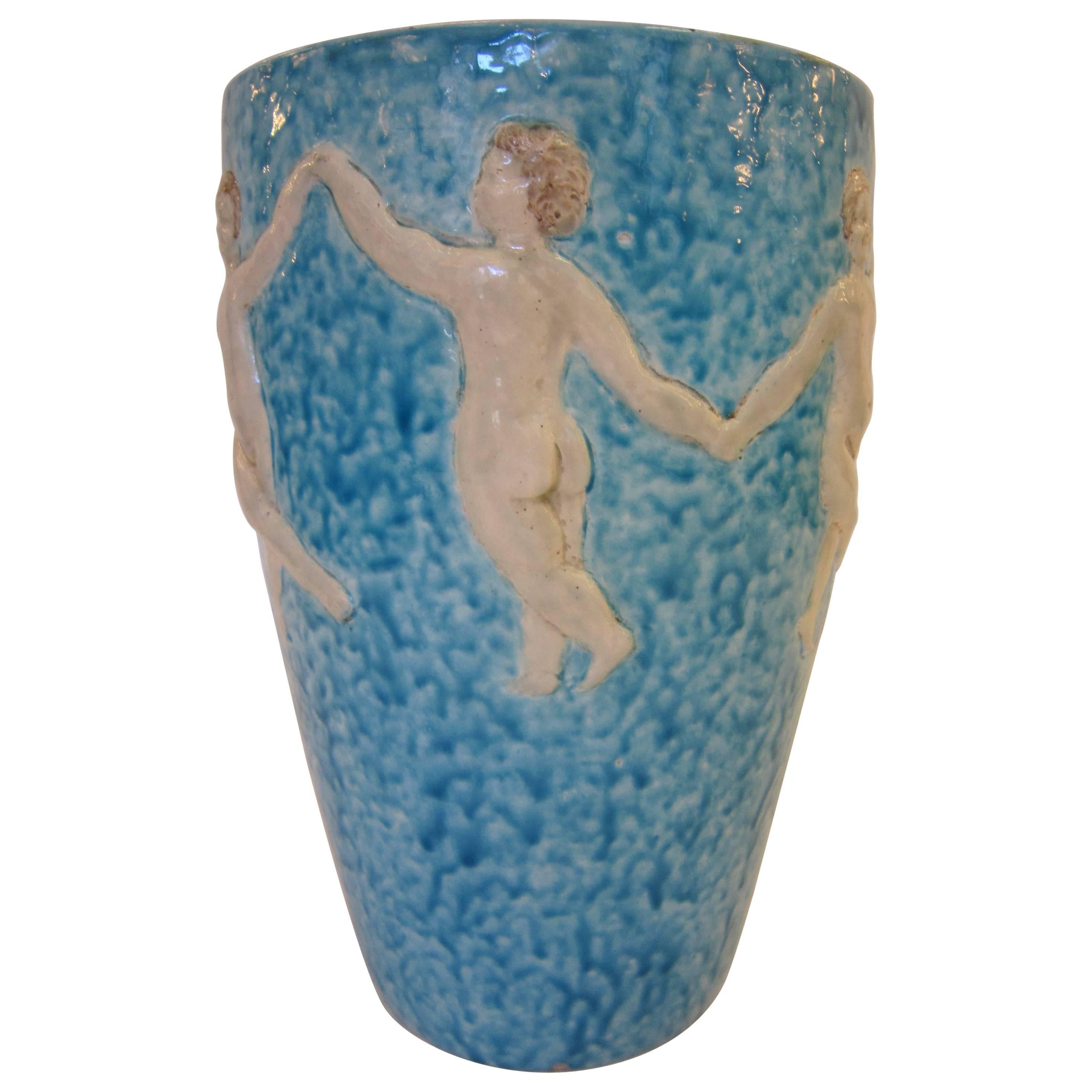 French Art Deco Turquoise Blue Pottery Vase with Children, R. Maynard