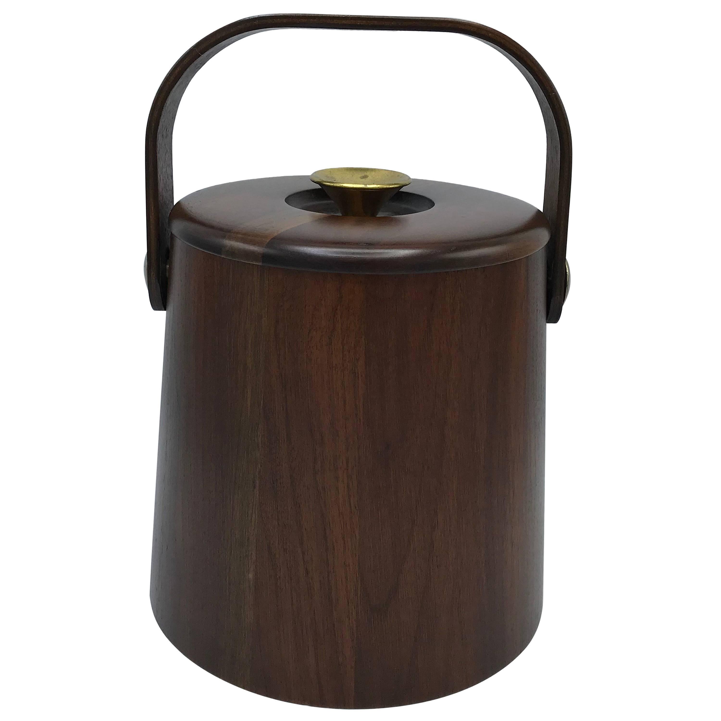 1960s Large Walnut and Brass Ice Bucket with Handle