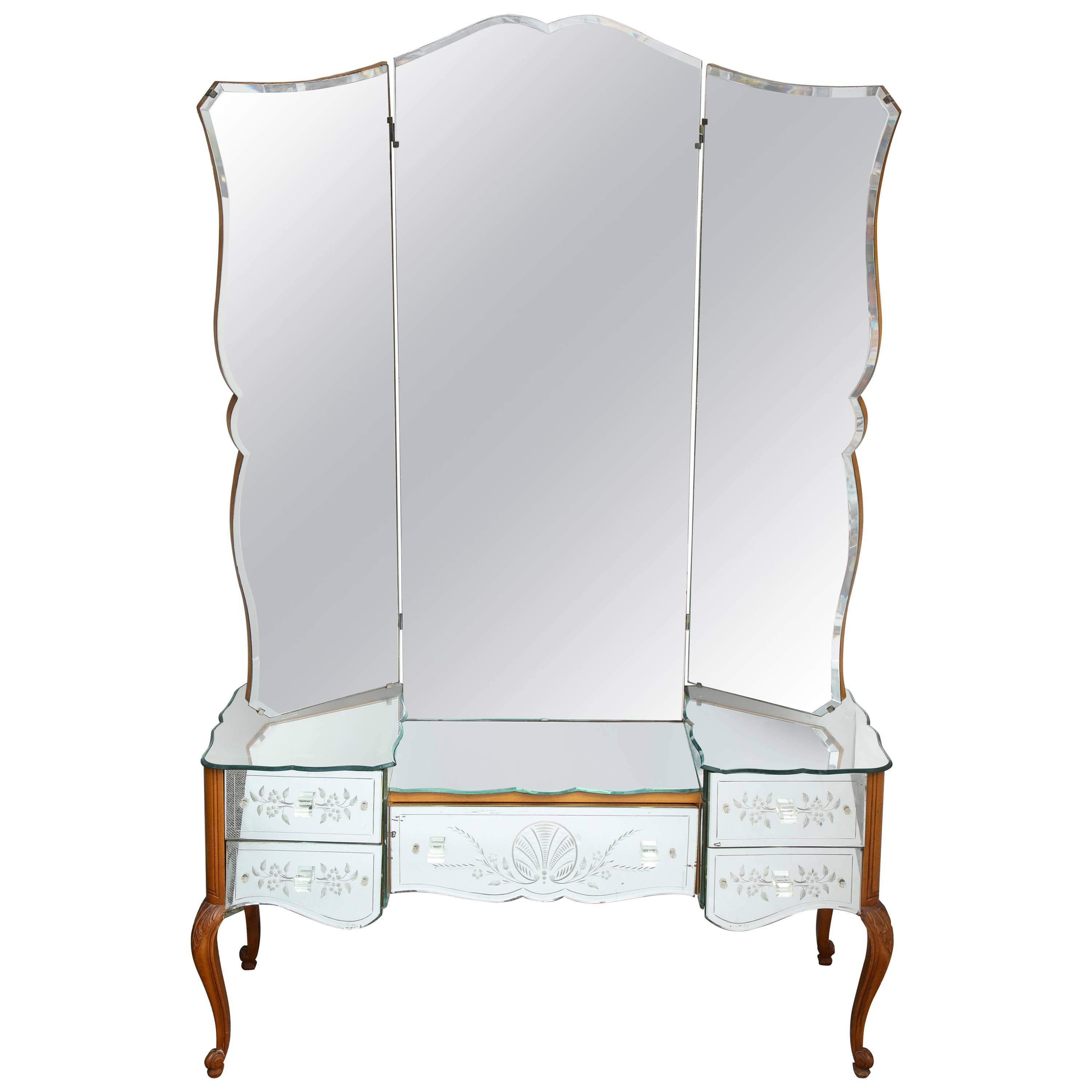 French Bevelled and Etched Mirrored Vanity with Trifold Mirror