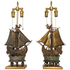 Antique Pair of 1920s Custom-Made Ship Lamps