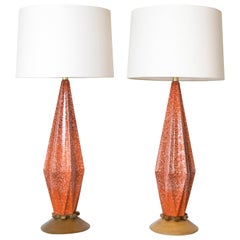 Vintage Tall Ceramic Textured Glaze Orange Lamps with Wood Bases