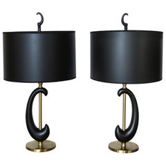 Retro Pair of Black Enamel and Brass Amoeba Shape Lamps by Rembrandt