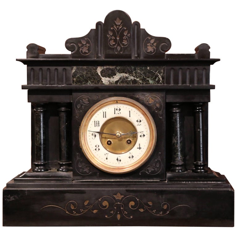 19th Century French Black and Green Marble Mantel Clock with Inlay Decor For Sale at 1stdibs