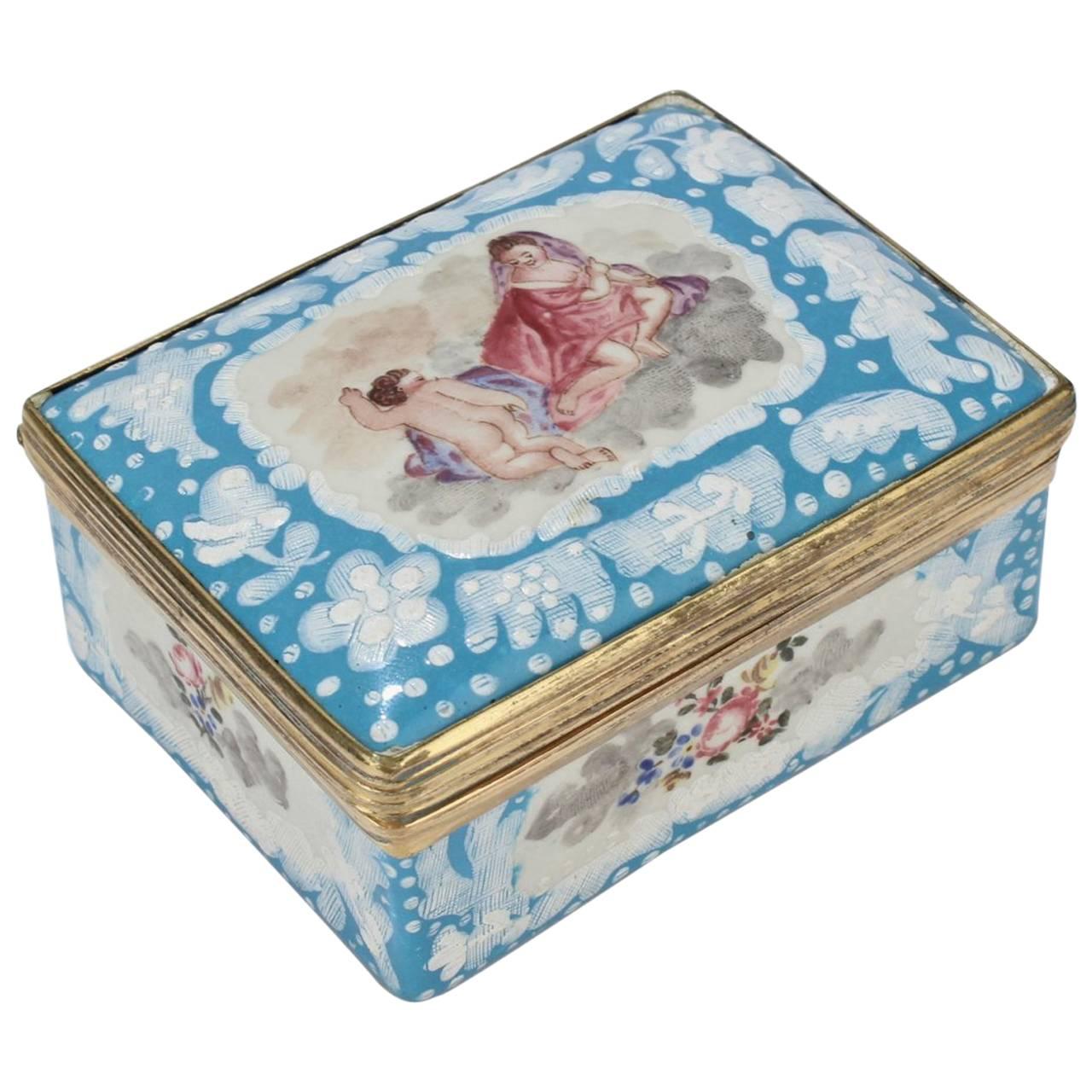 Antique English Battersea Bilston Table Snuff Box with Cherubs, Lady and a Dog