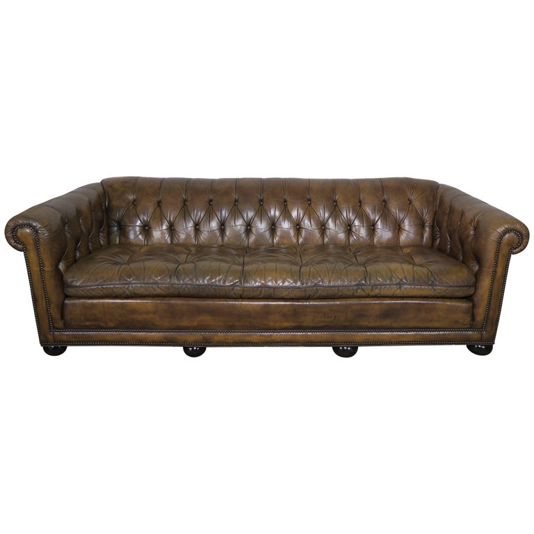 Henredon Rolled Arm English Style Button Tufted Brown Leather