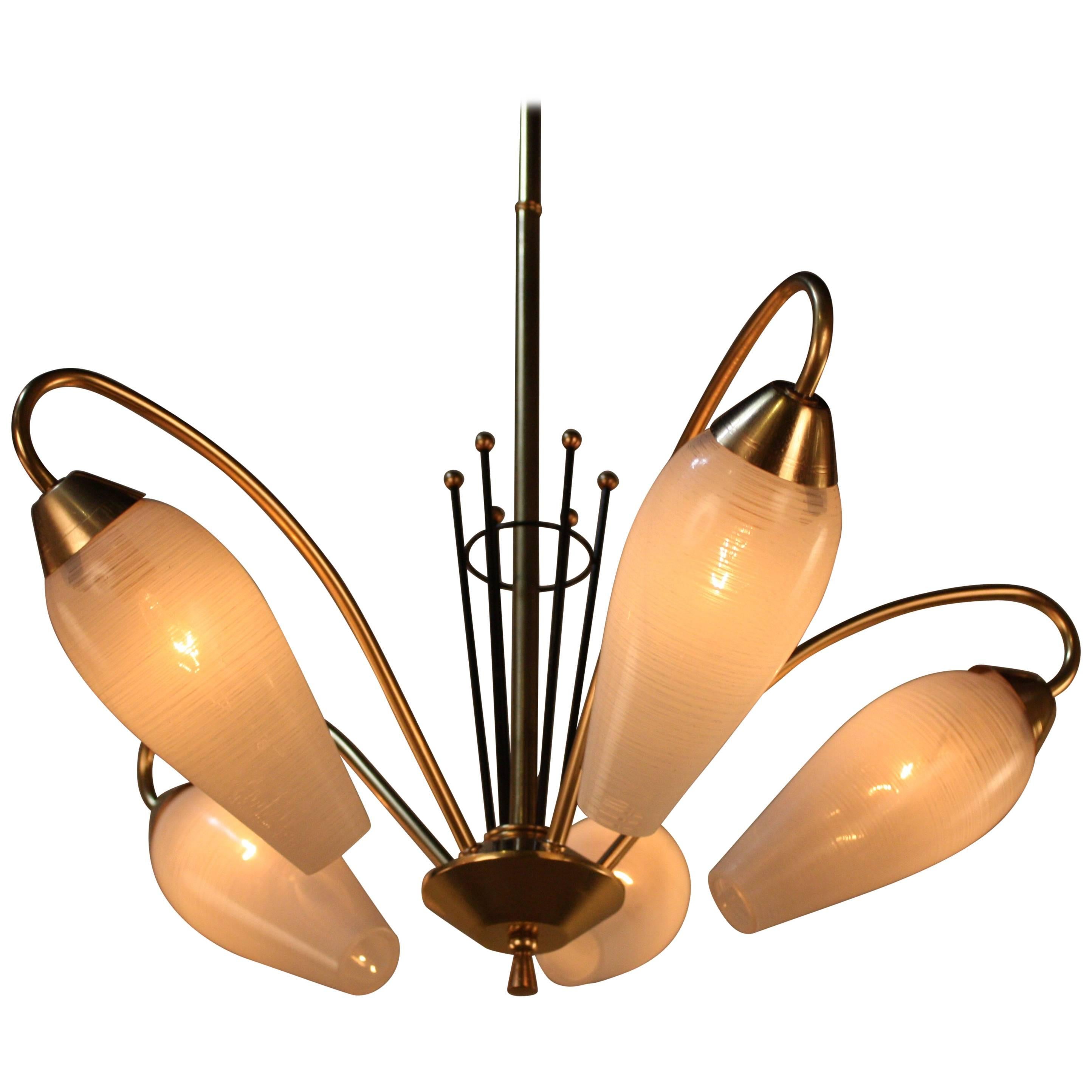 Midcentury French Five-Light Bronze and Glass Chandelier