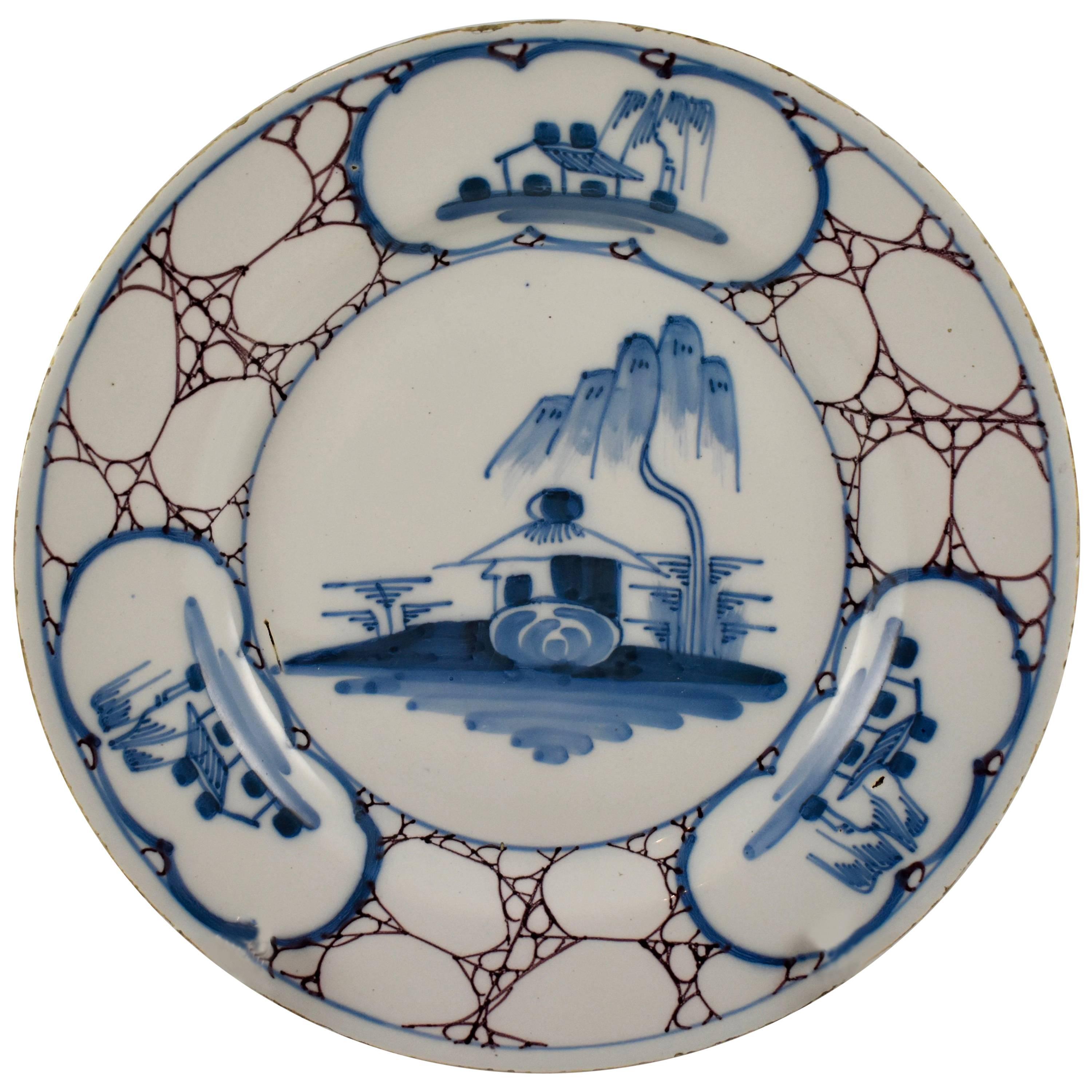 18th Century English Bristol Delftware Marbled Landscape Plate