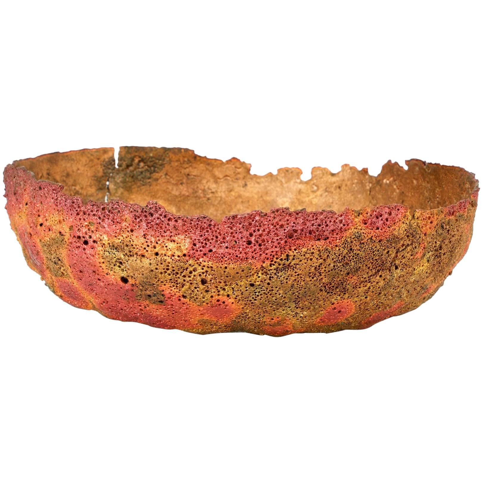 Organic Mid-Century Brutalist Volcanic Textured Molten Formed Copper Metal Bowl For Sale