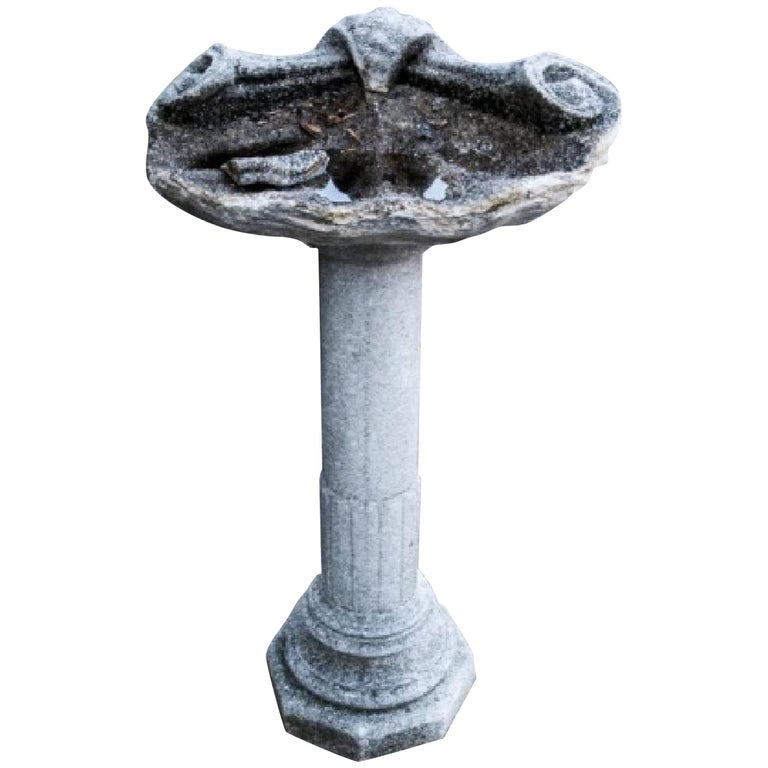 Antique Cast Stone Pedestal and Shell Form Bird Bath For Sale