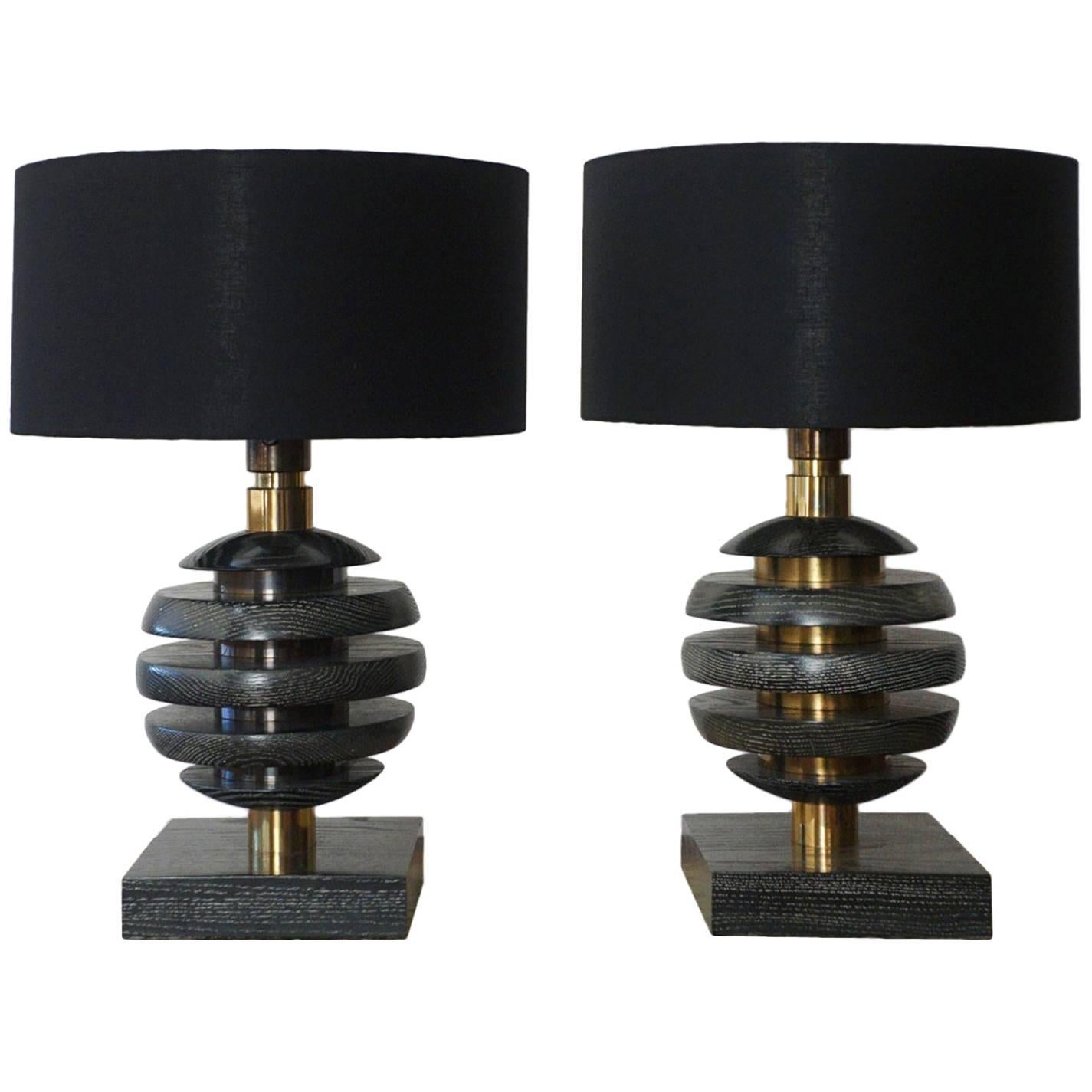 Pair of Black Cerused Oak and Brass Table Lamps, 1940s