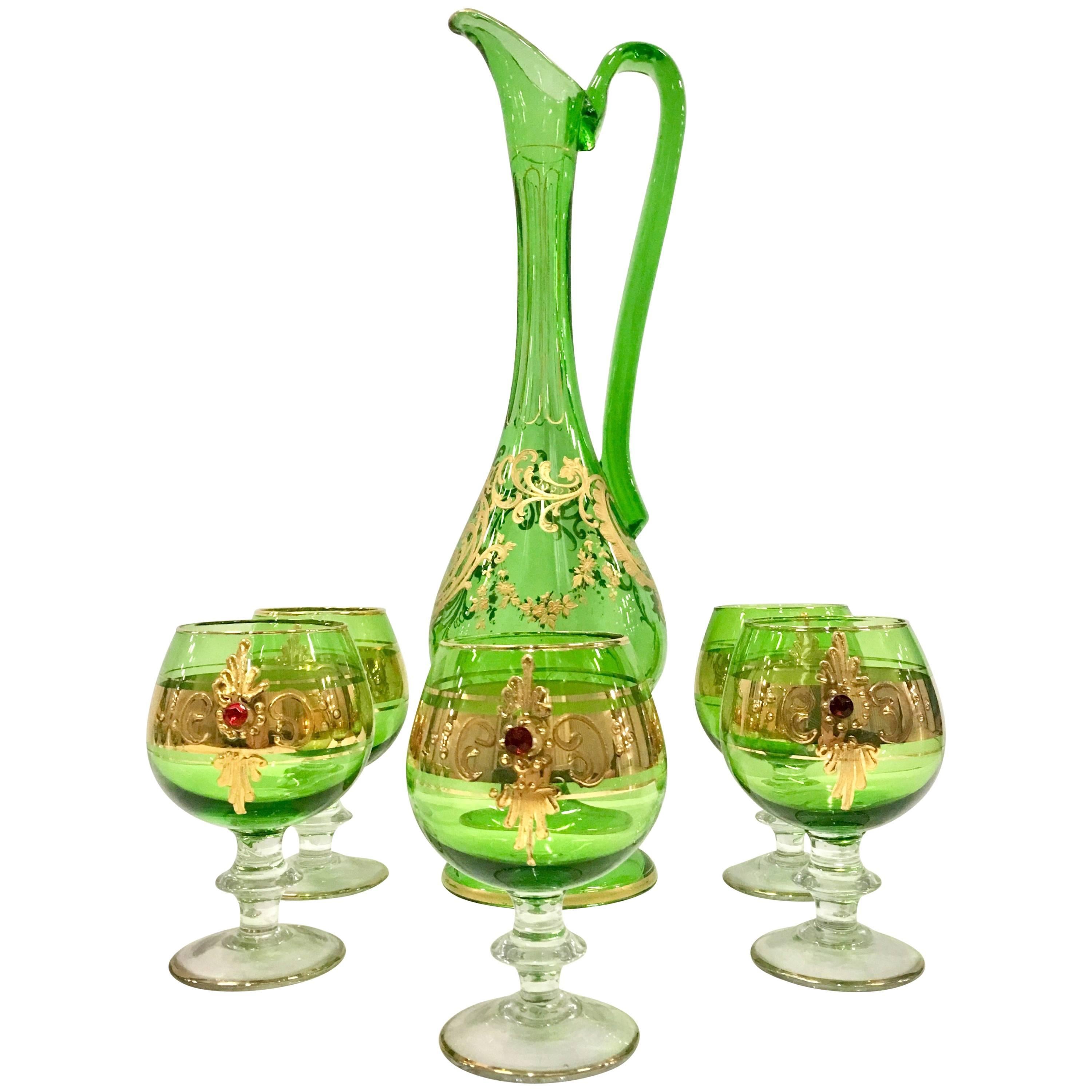 Mid-20th Century Italian Venetian Blown Glass & 22-Karat Gold Drinks Set/6