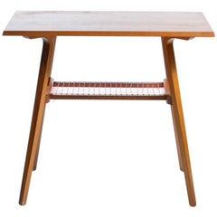 Midcentury Side Table in Beech and Red Net, Czechoslovakia, 1960s
