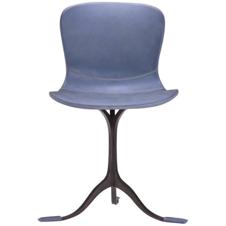 Blue Leather and Brown Sand Cast Brass Chair by P.Tendercool For Sale