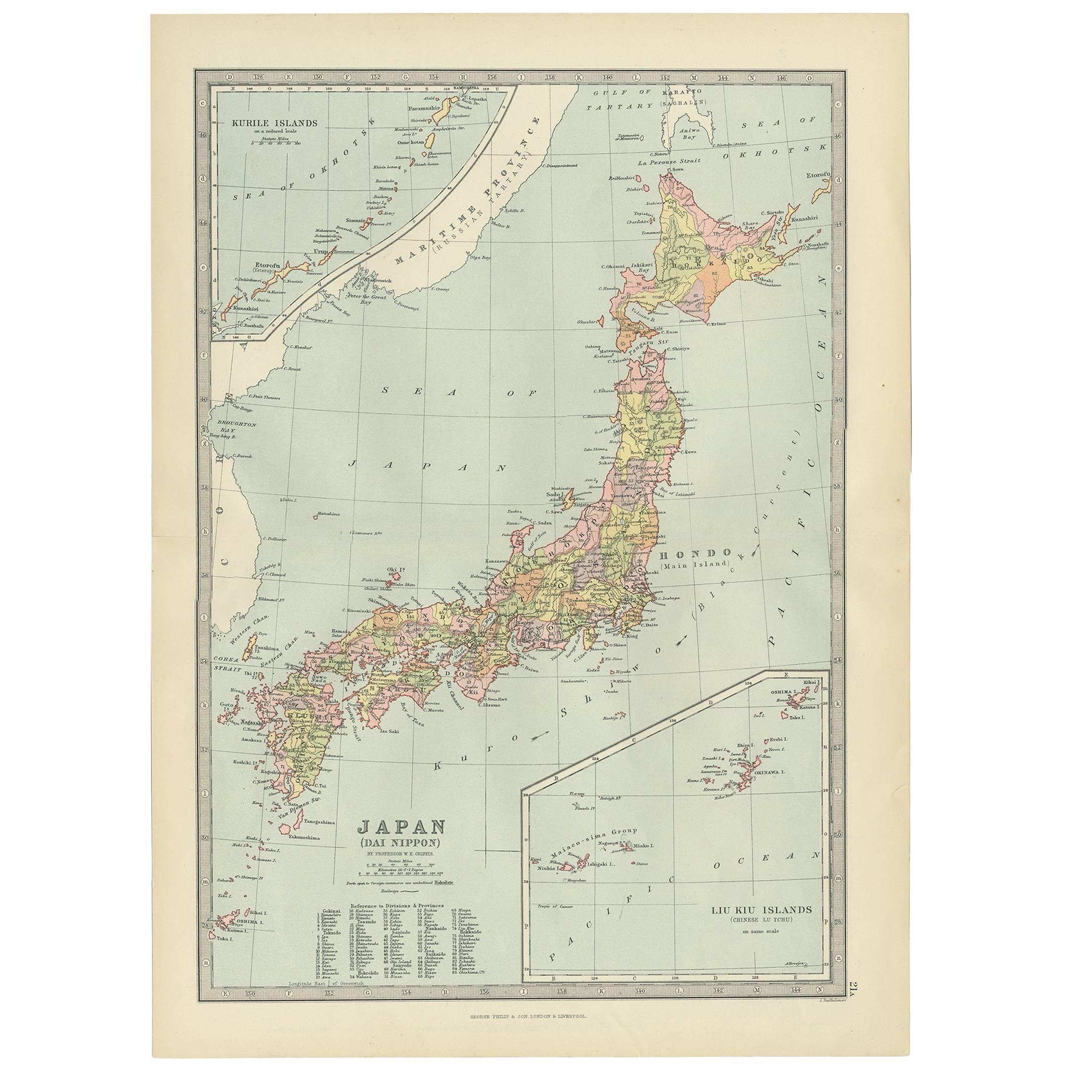 Antike Karte von Japan, den Kurilen und den Liu Kiu Inseln, 1886
