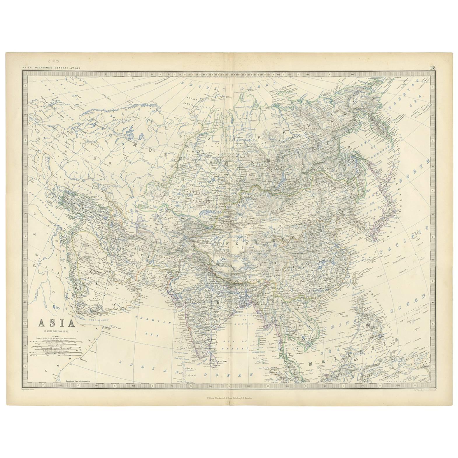 Antique Map of Asia by K. Johnston, circa 1879 For Sale