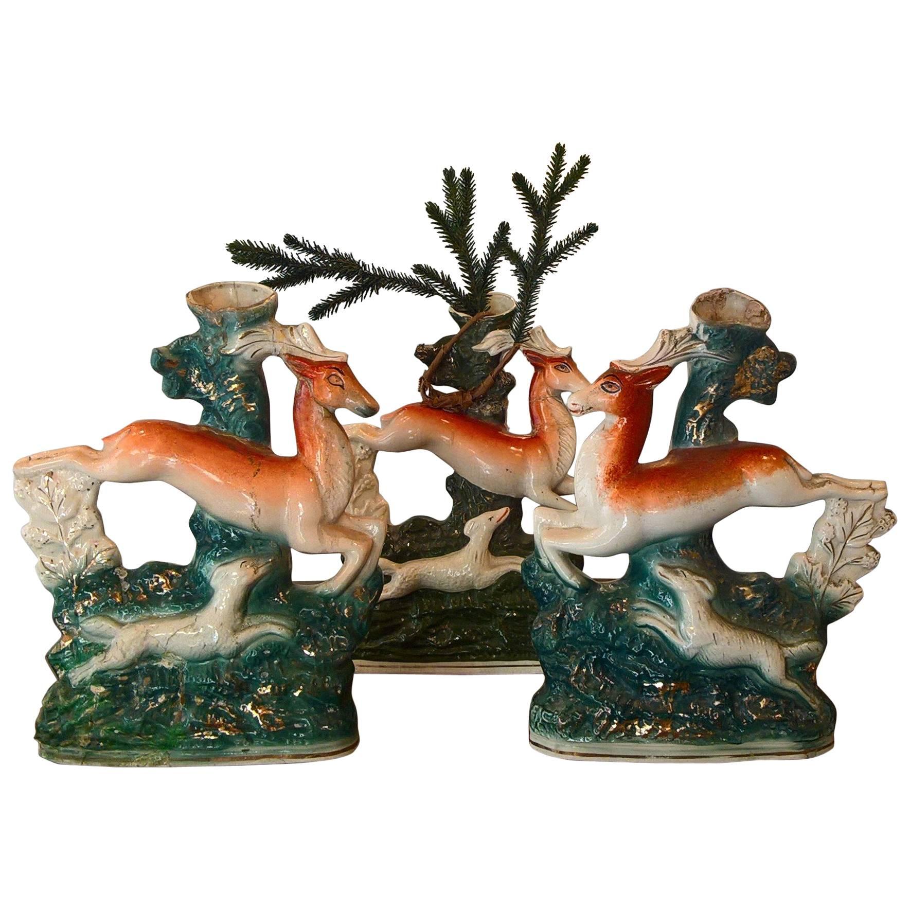 19th Century English Staffordshire Pottery Vases Deers and Dogs