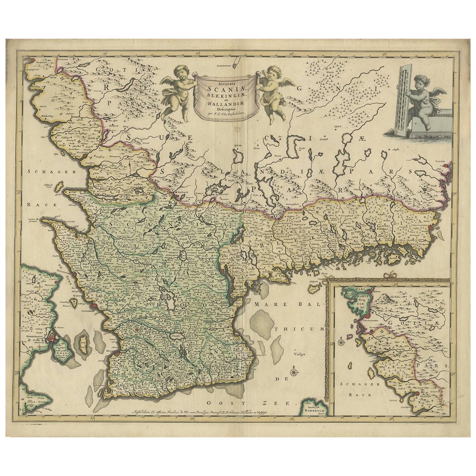 Antique Map of South Sweden 'Scandinavia' by F. de Wit, 1680 For Sale