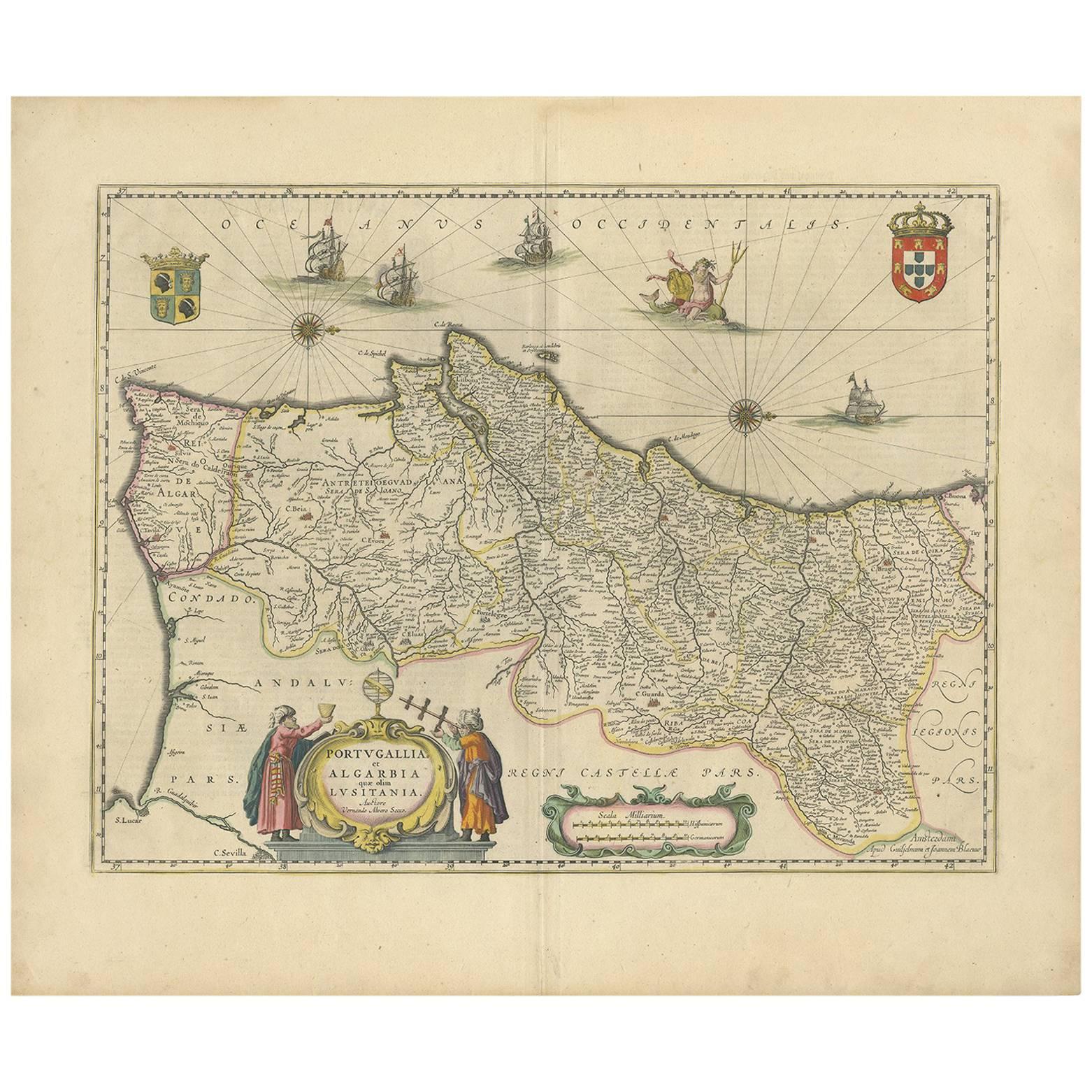 Antique Map of Portugal by W. Blaeu, 1650