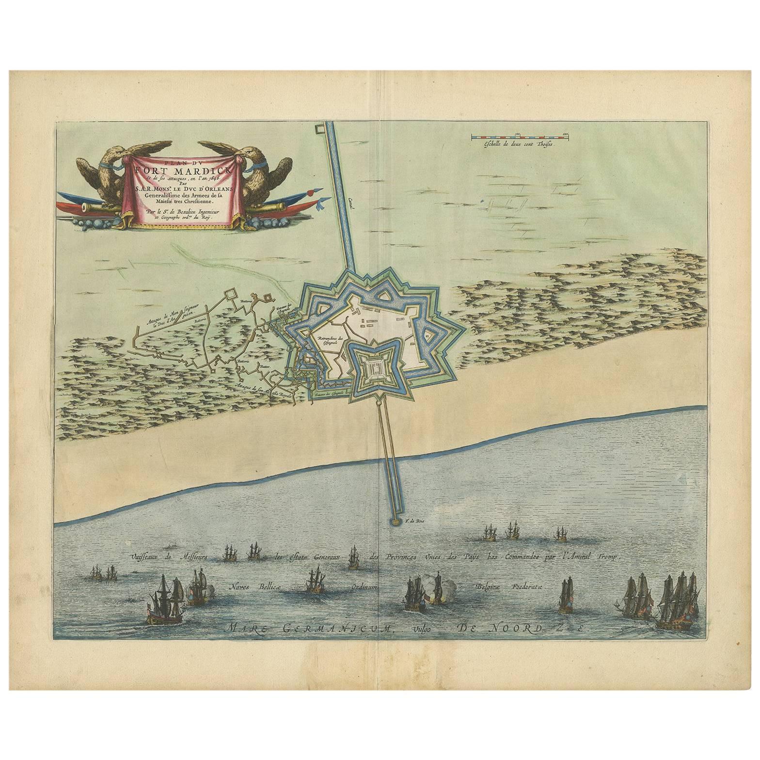 Plano antiguo del fuerte Mardyck Mardijk, Francia, por S. Beaulieu, 1649