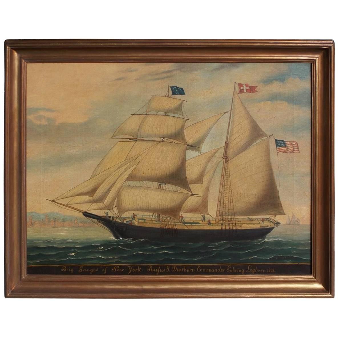 American Oil on Canvas Framed Brigantine Ganges of New York, Circa 1862