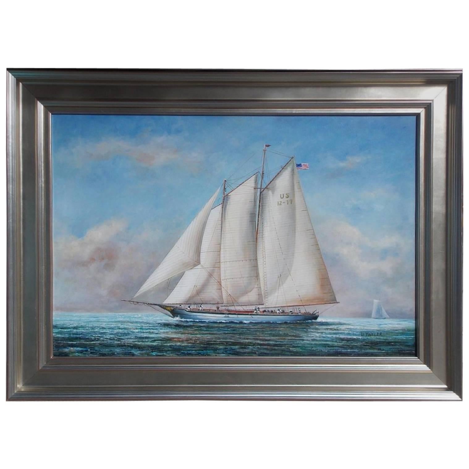 American Oil on Canvas of Two Masted Schooner Yacht under Full Sail,  20th C. 