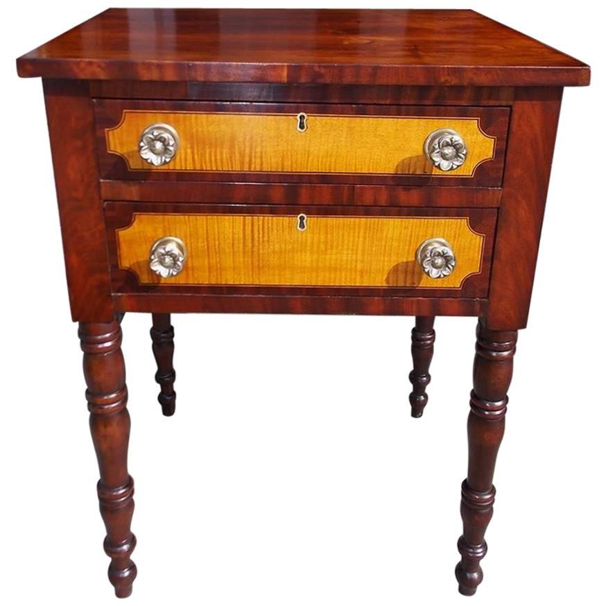 American Sheraton Cherry Mahogany and Tiger Maple Two-Drawer Stand, Circa 1820