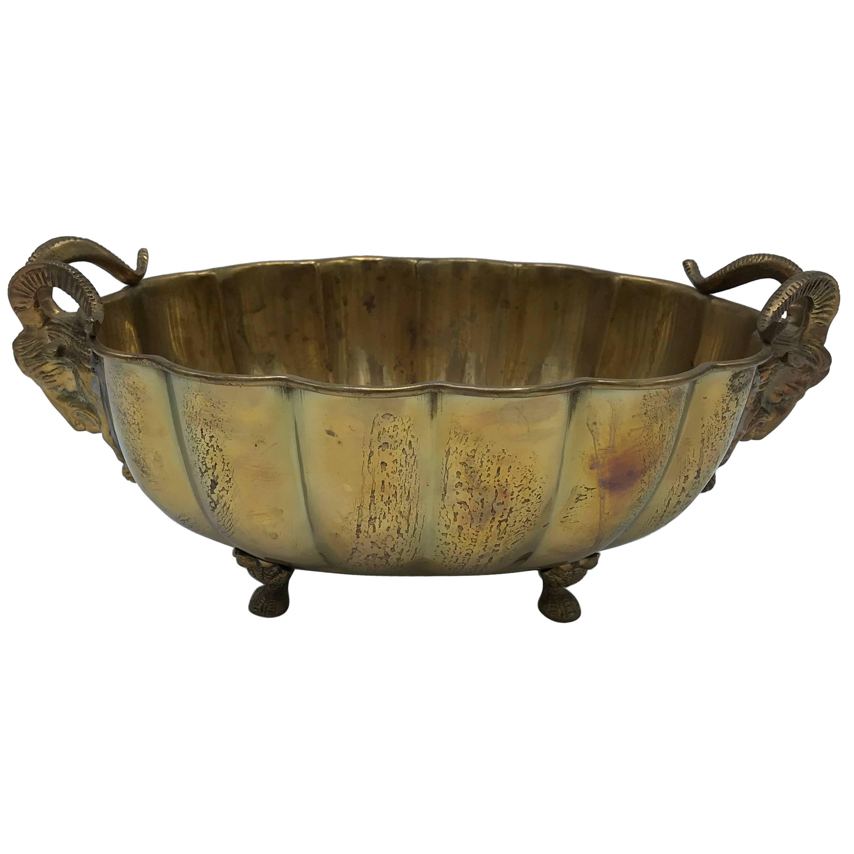 1960s Italian Brass Scalloped Cachepot Bowl with Rams Head Motif