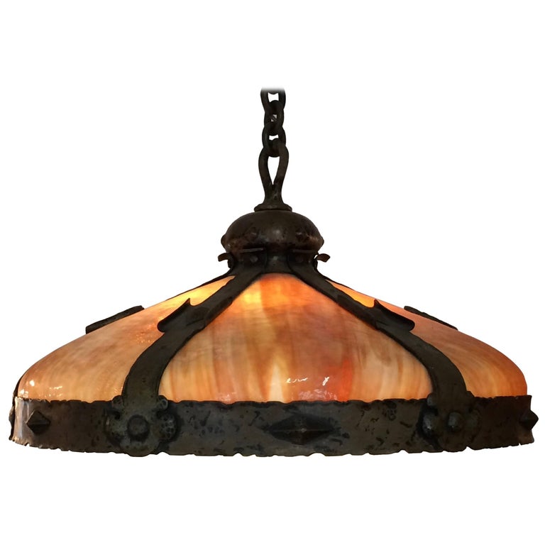 Impressive Arts and Crafts Honeybee Art Glass and Bronze Light Fixture  Chandelier For Sale at 1stDibs