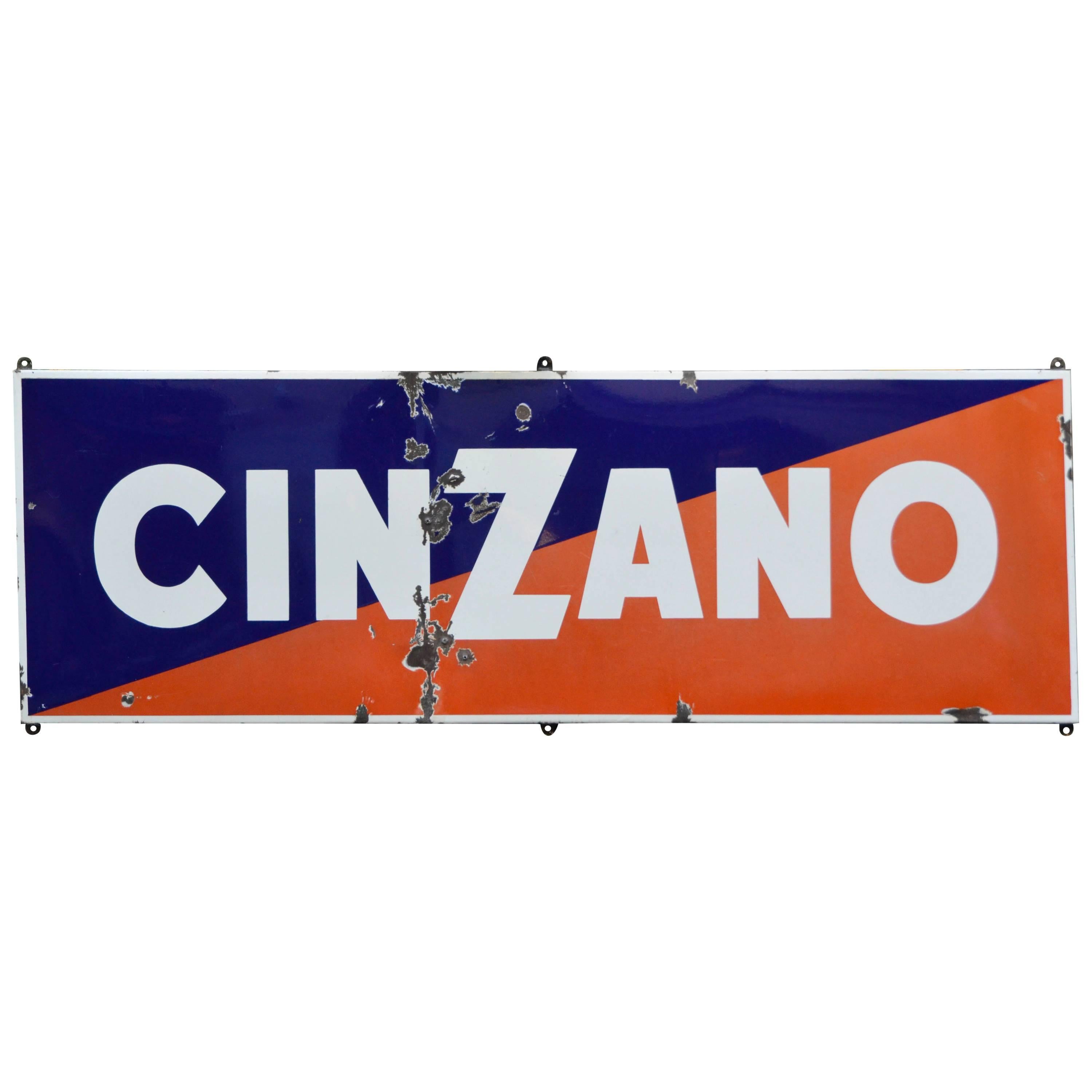 1950s Blue and Red Enamel Metal Cinzano Italian Sign