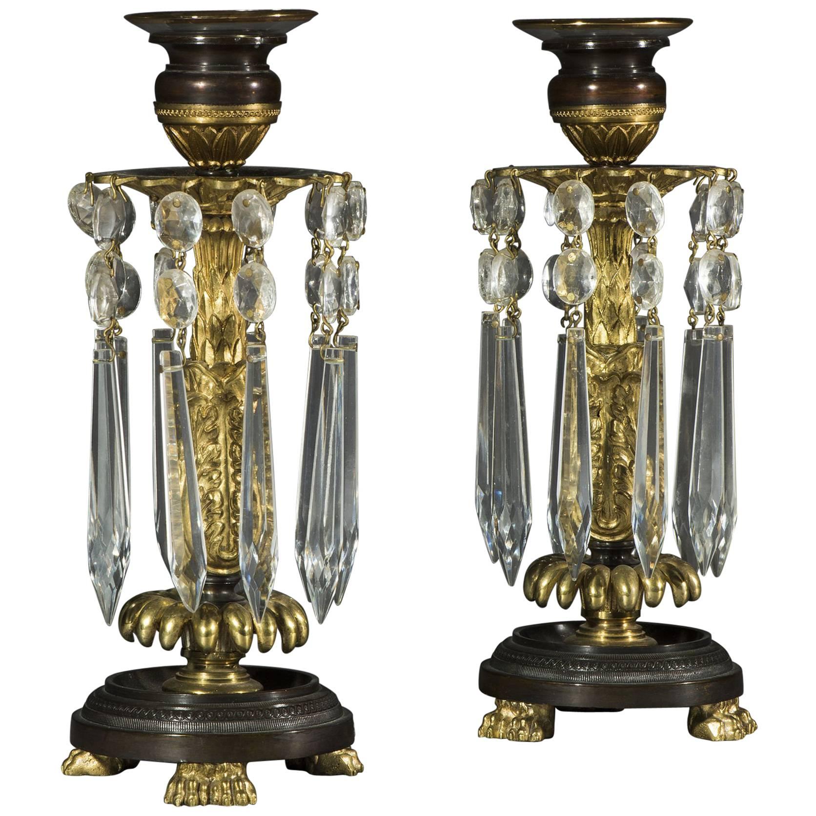 Pair of Regency Period Gilt Brass and Cut Glass Candlestick Lustres