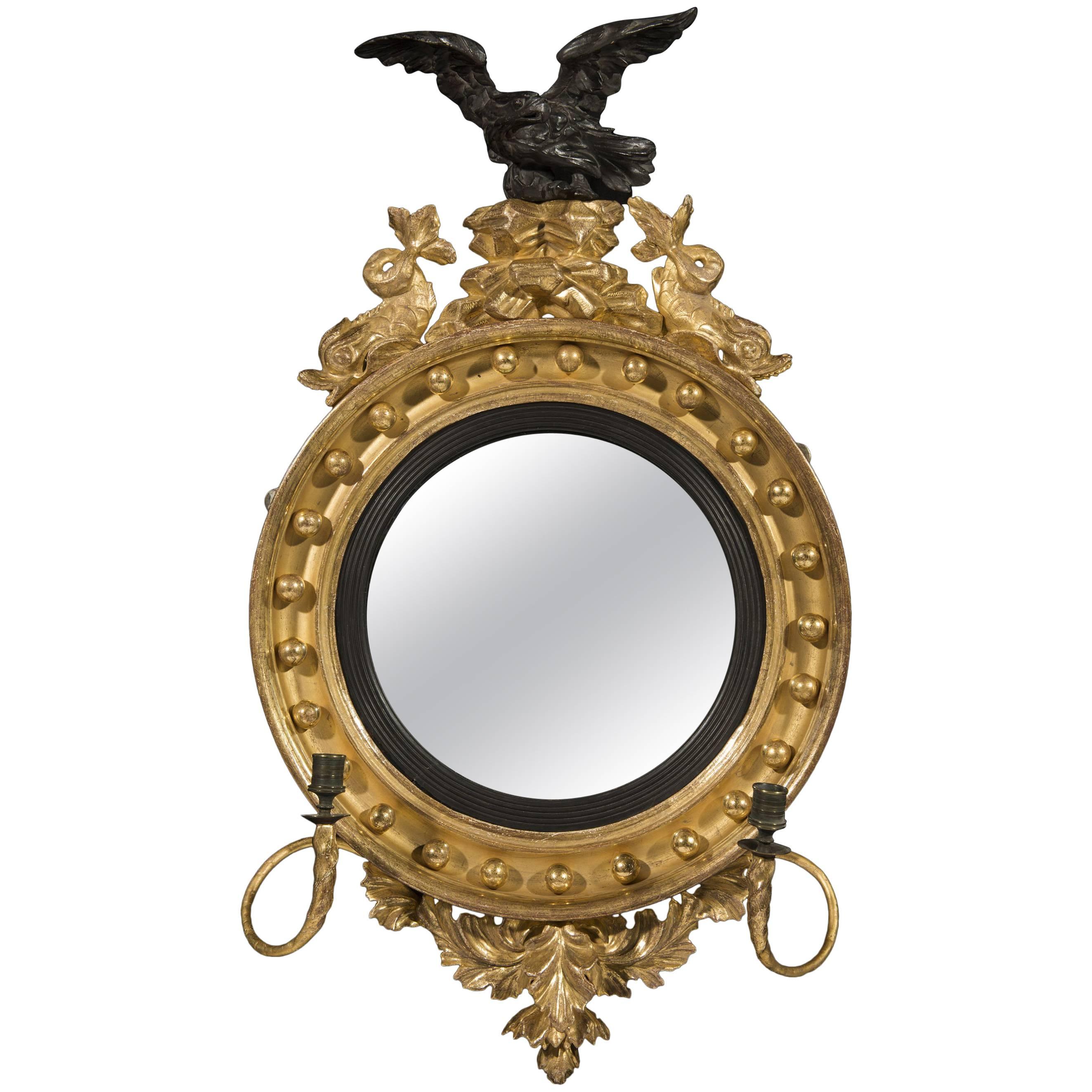 Small Regency Period Carved Giltwood and Gesso Convex Mirror