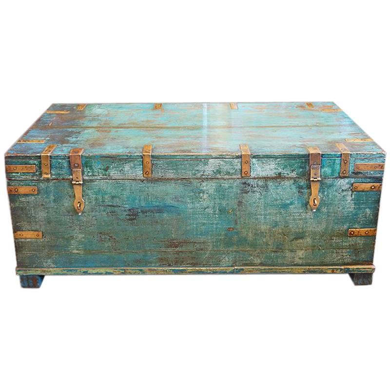 Victorian Brass Bound Campaign Trunk in Original Blue Paint