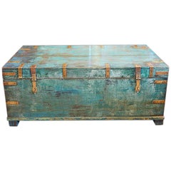 Victorian Brass Bound Campaign Trunk in Original Blue Paint Victorian Brass Bound Campaign Trunk in Original Blue Paint