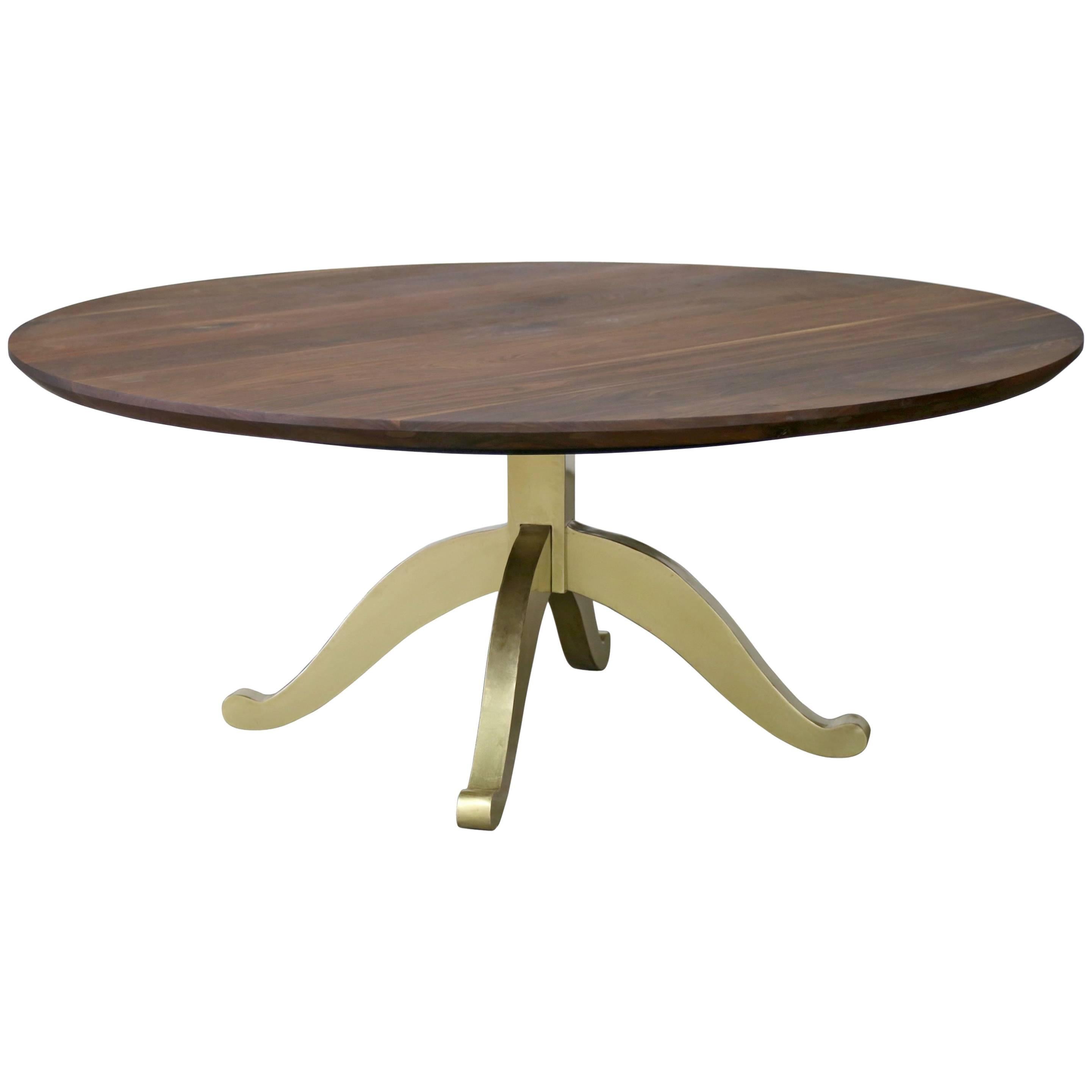 Large Round Walnut Table with Brass Wishbone Pedestal Base For Sale