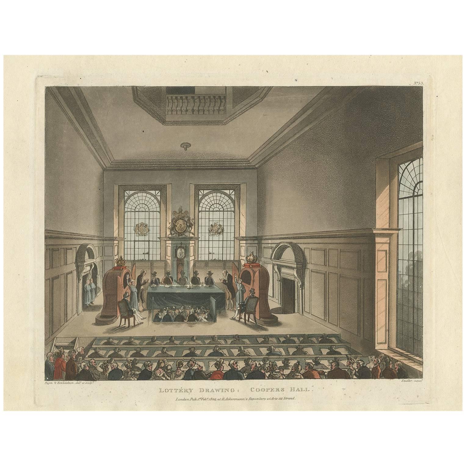 Antique Print of the Lottery Drawing "Coopers Hall" in London, England, 1809