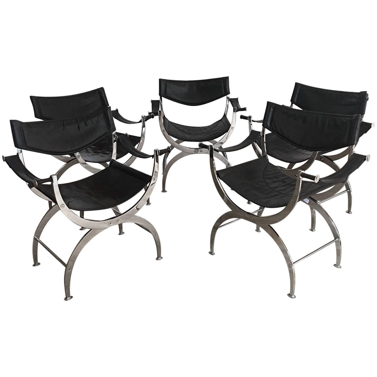 Set of Five Chrome and Leather Curule Chairs, in the Style of Maison Jansen