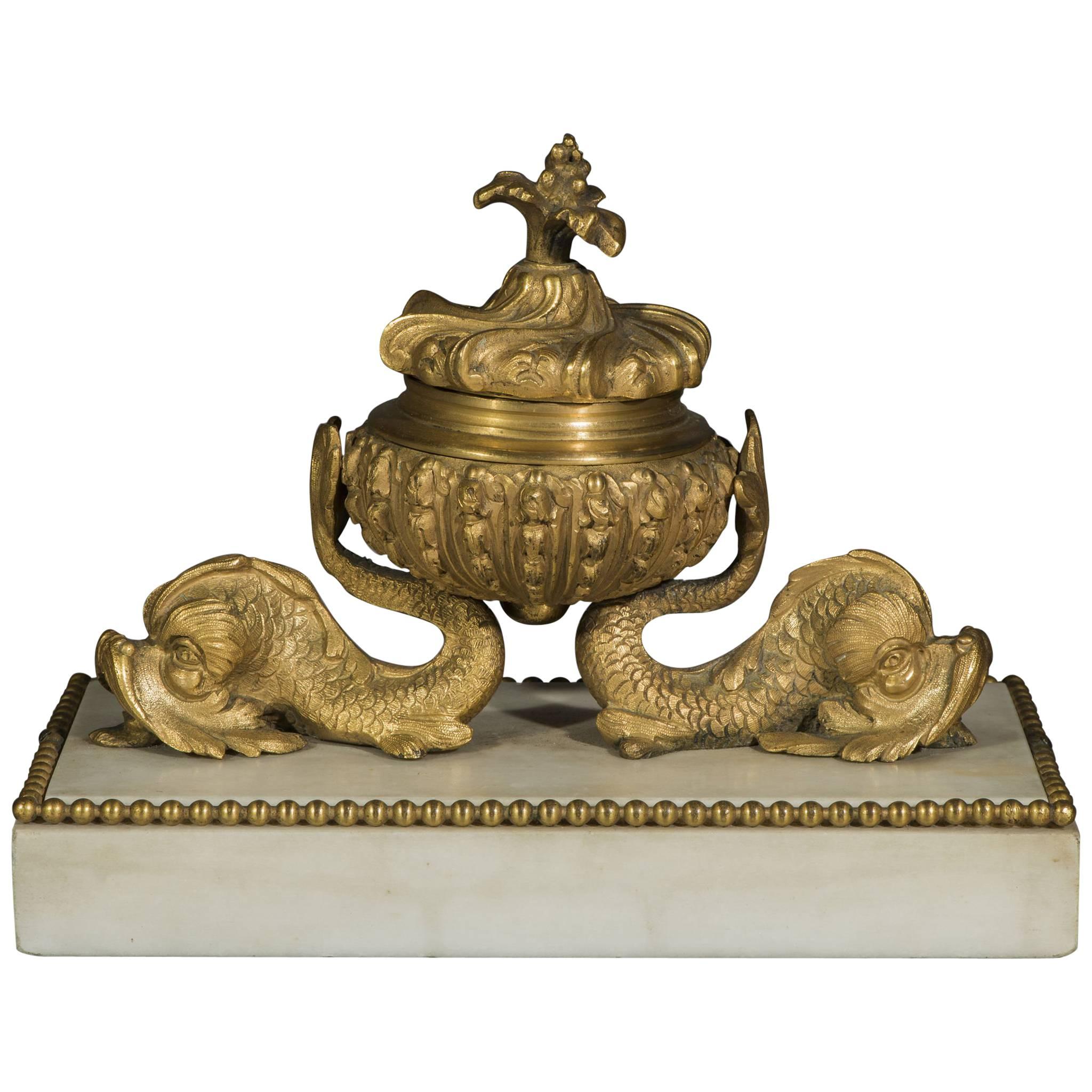 Early 19th Century Regency Period Gilt Ormolu Dolphin and Marble Inkstand