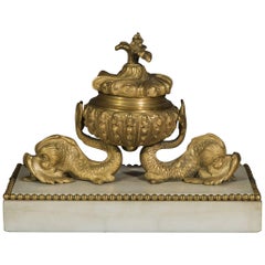 Early 19th Century Regency Period Gilt Ormolu Dolphin and Marble Inkstand