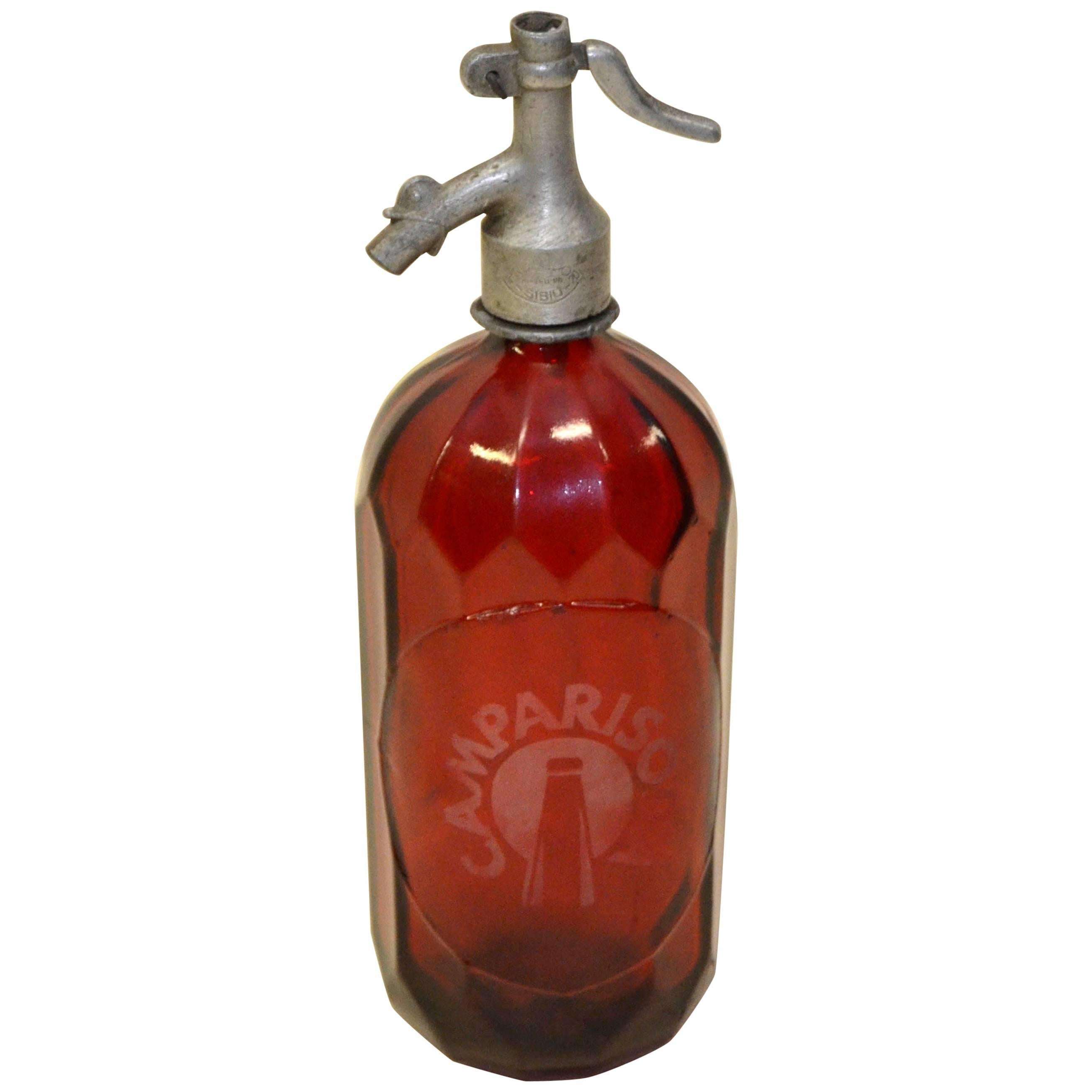 1950s Red Glass Italian Soda Syphon Seltzer Campari Bar Bottle