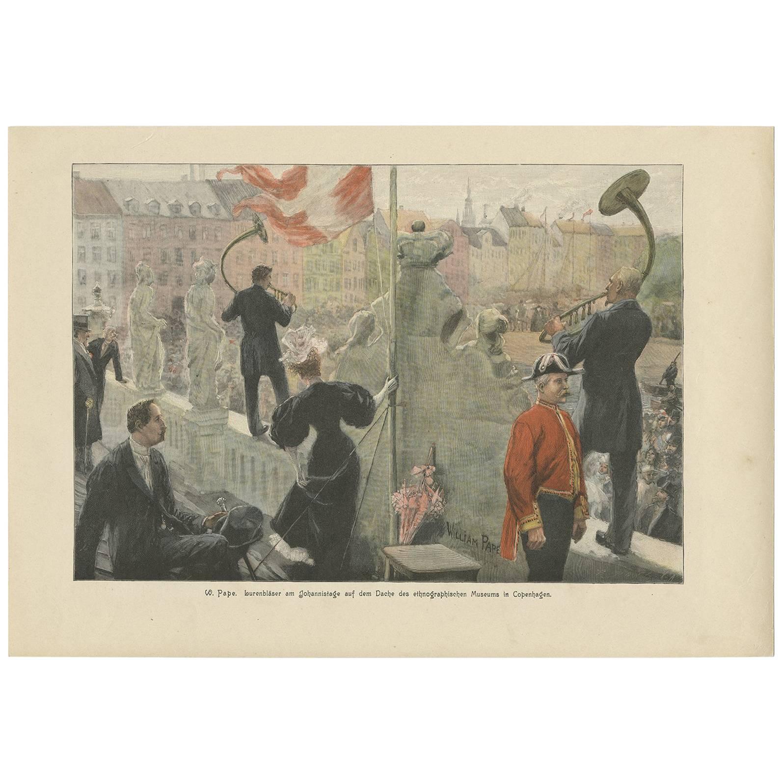 Antique Print of Musicians in Copenhagen, Denmark