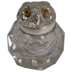 Antique Novelty Victorian Silver Sampson Mordan Inkwell, 1895, Owl