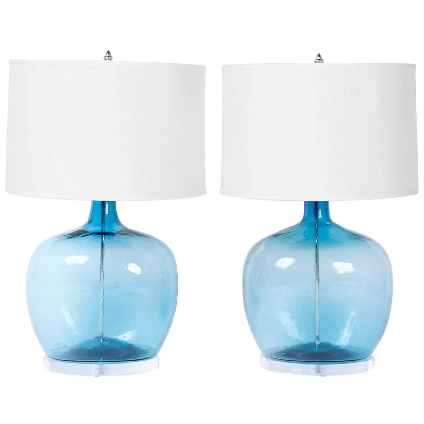 Pair of Handblown Glass Aqua Lamps
