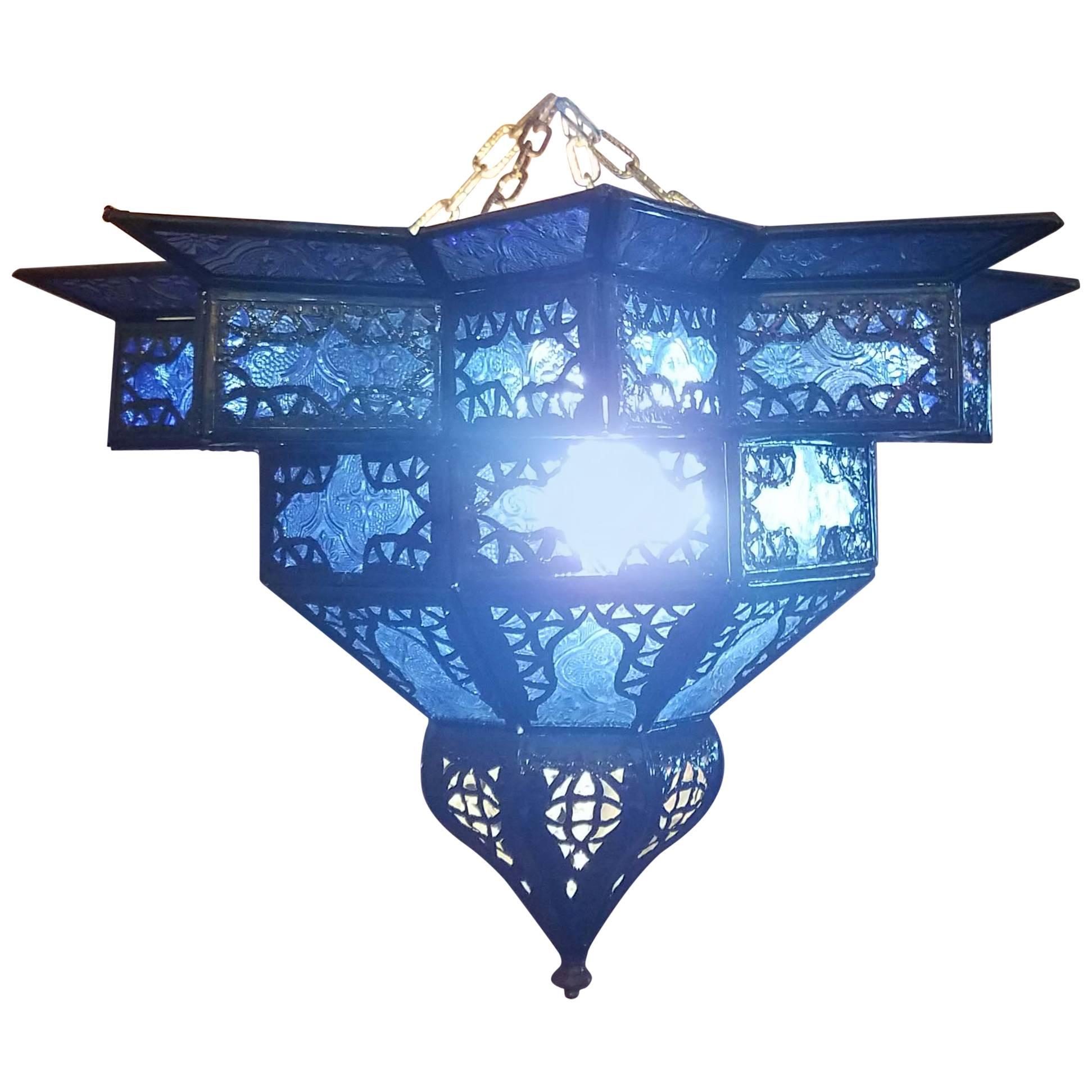 Moroccan Handmade Ceiling Light, Star Lantern in Blue Glass