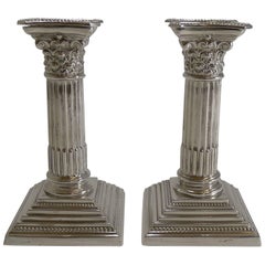 Pair of Antique English Corinthian Column Candlesticks, circa 1900, Silver Plate