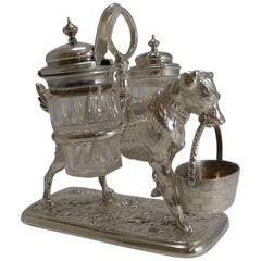 Antique English Novelty or Figural Dog Cruet in Silver Plate, 1871