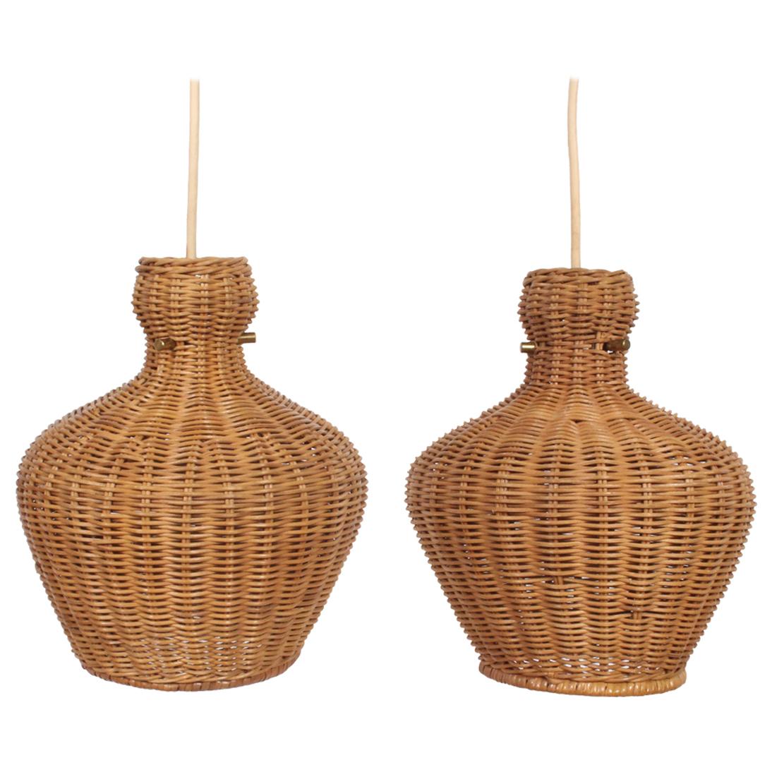 Pair of Lightolier Woven Wicker Hanging Pendants, 1960s