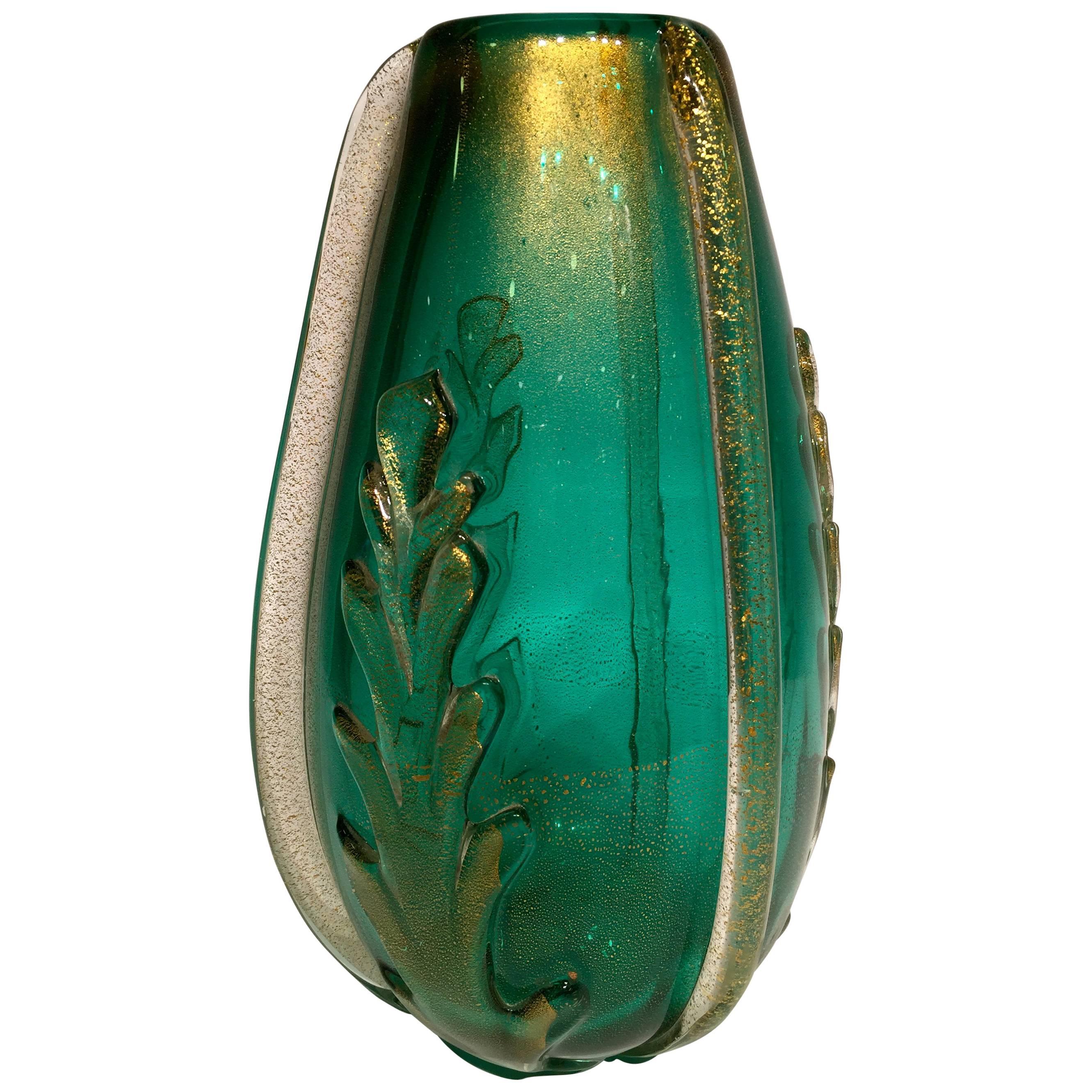 ERCOLE BAROVIER Green Artistic Blown Glass of Murano Vase, circa 1950 For Sale